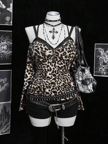 Sunspun 大码女式露肩无袖长袖豹纹褶皱收腰紧身金属拉链十字金属装饰优雅复古朋克休闲哥特式性感 T 恤 - 彩色 - 查看 8