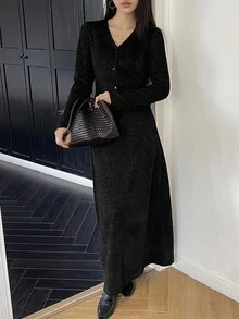 DAZY Bộ 2 món áo cardigan ôm sát, áo và chân váy, họa tiết hoa kẻ caro nền tối màu, thời trang công sở, thoải mái, lấp lánh, dự tiệc cưới, thu/đông cho nữ - màu đen - Xem 4