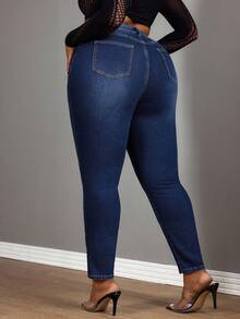 Slaydiva 冬季加大码深色水洗修身牛仔裤，饰有猫爪图案 - 深色水洗藍 - 查看 2