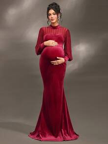 Cheriluna Maternity Maternity Long Sleeve Stand Collar Backless Fishtail Dress, Suitable For Christmas Party, Elegant Party, Baby Shower - Burgundy - View 4