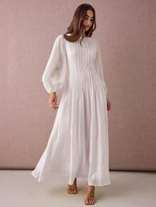 Enchnt 女式纯色简约长袖休闲连衣裙 - 白色 - 查看 7