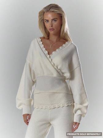 MUSERA Soft Rib Crochet Knit Crossover Detail Cinched Long Sleeve Top Only Fall Autumn Cosy Cute Casual Coffee Club Winter Christmas Elegant Evening Party