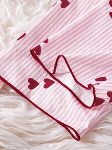 少女粉色心形条纹印花法兰绒面料睡衣套装，长裤和长袖，时尚舒适的家居服 - 粉色 - 查看 3