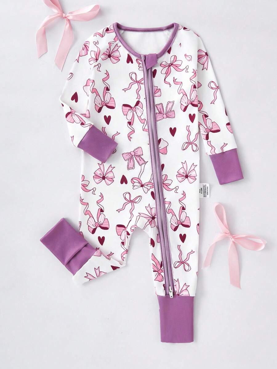 Baby Girls' Pink Bow & Digital Print Long Sleeve Zipper Front Jumpsuit Sleepwear, Snug Fit Fall Winter - Purple - View 1