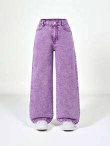 SHEIN ChillGRL Tween Girl Y2K Street Daily 弹性腰部直筒牛仔裤，配有扁平口袋，女孩日常 OOTD 服装 - 紫色 - 查看 8