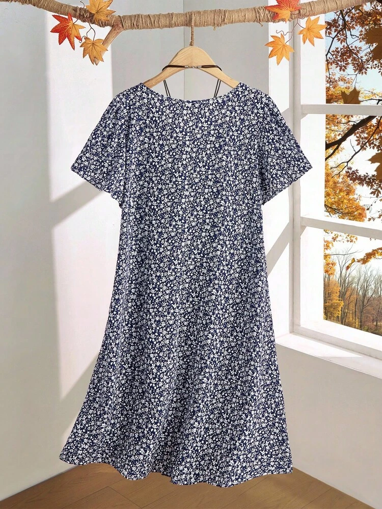 Plus Size Women's Summer Ditsy Floral Ruffle Sleeve Holiday Dress,Flower/Vacation/Spring