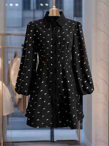 SHEIN LUNE Vestido casual de mujer con lámina de oro para fiestas, atuendo básico para uso diario y salidas en otoño/invierno, vestido mini de manga larga - Negro y oro - Ver 1