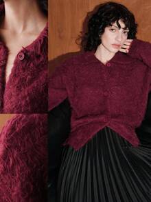 Uhlyne Wine Red Christmas Faux Mink Fur Lapel Knitwear Cardigan Sweater, Autumn-Winter Knitwear For Office, Casual And Commuting Wear, Halloween, Minimalist, Work Wear, Teacher Outfits, Back To School, Fall , Business Casual,Old Money - Burgundy - View 1
