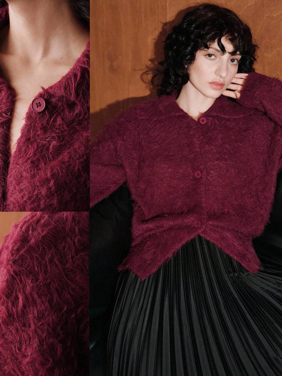 Uhlyne Wine Red Christmas Faux Mink Fur Lapel Knitwear Cardigan Sweater, Autumn-Winter Knitwear For Office, Casual And Commuting Wear, Halloween, Minimalist, Work Wear, Teacher Outfits, Back To School, Fall , Business Casual,Old Money - Burgundy - View 1