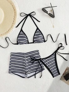 SHEIN Swim 3pcs/Set Women's Sexy Summer Vacation Rainbow Stripe Print With Trim Contrast Color Bikini Set