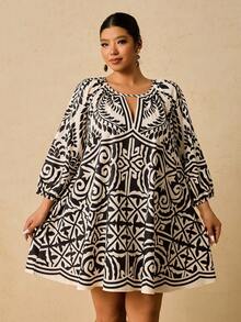Travachic 大码女式黑米色印花连衣裙，七分袖印花连衣裙，秋季连衣裙，大码束腰上衣，大码度假装，大码波西米亚风连衣裙，刺绣连衣裙，大码舒适秋冬女装，优雅 - 黑色 - 查看 3
