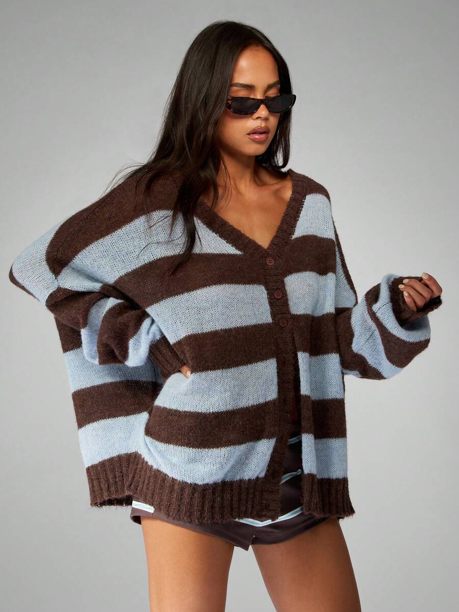 MISSGUIDED Áo len cardigan cài nút cổ chữ V cỡ lớn, kẻ sọc ngang, tay dài, ấm áp, thường ngày cho mùa đông - Nhiều màu - Xem 1