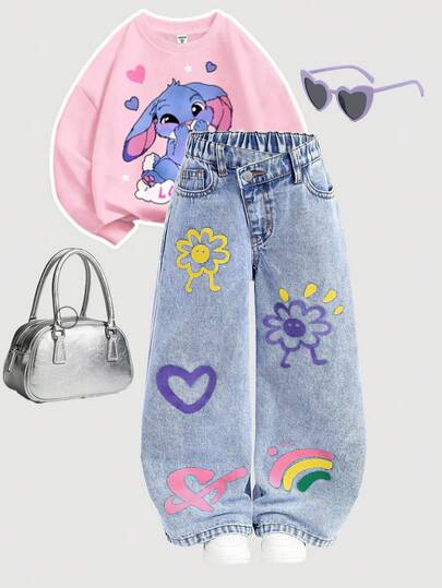 SHEIN Young Girl'Y2K Cute Floral & Heart Doodle Print Blue Denim Loose Waist Pants,Jeans With A Slanted Waist,Fall Clothes,Autumn Clothes ,Casual And Fashionable Vacation Outfits Winter