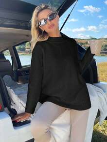 EURMUSE Women Solid Color Mock Neck Sweater For Autumn & Winter - Black - View 3