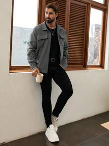 Manfinity Homme 男士长袖短款休闲针织灰色大衣，秋冬外套，Old Money品牌 - 灰色 - 查看 3