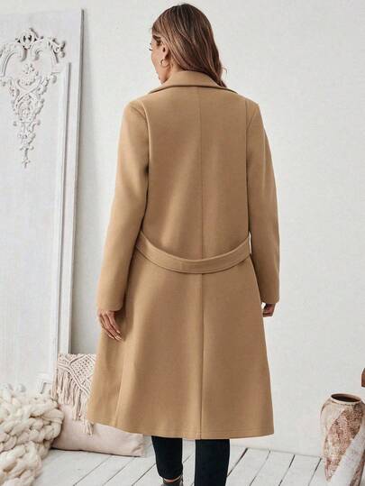 SHEIN PETITE 女士基本款翻领纽扣收腰大衣，适合通勤和商务场合，秋冬长款外套