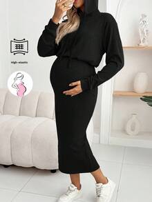 SHEIN Robe de maternité unie à manches longues, épaules dénudées, à capuche avec cordon de serrage, ajustée et décontractée, pour l'automne - Noir - Voir 3