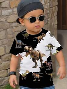 SHEIN DINOSAUR, Young Boy Casual Minimalist Round Neck Short Sleeve Loose Fit T-Shirt, Suitable For Summer - Multicolor - View 1