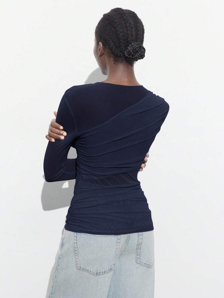 SHEIN Maija Asymmetric Ruffle Basic Long Sleeve Minimalist Urban Business Casual Women's Clothing, Office Wear, Outerwear, Suitable For Christmas, Halloween, Party & Gathering - Navy Blue - View 3