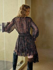 MOTF STUDIO PAISLEY PRINT V-NECK LANTERN SLEEVE RUFFLE HEM SEMI-SHEER SHORT DRESS - Multicolor - View 3