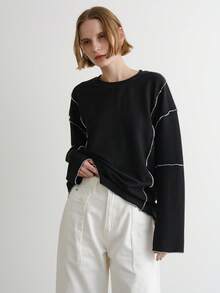 Women's Round Neck Contrast Stitching Loose Casual Basic High-Quality T-Shirt - Black - View 4