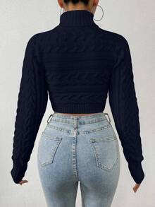 EMERY ROSE Women's Casual Solid Color Turtleneck Cropped Long Sleeve Sweater, Autumn/Winter - Navy Blue - View 2