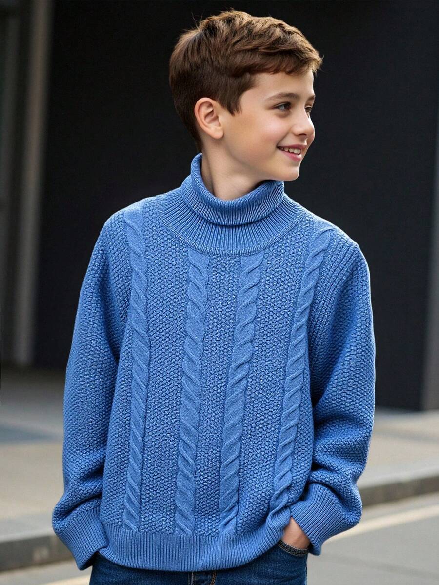SHEIN Tween Boy Casual Versatile Cable Knit Sweater,Solid Fog Blue High Collar Turtleneck,Suitable For School,Autumn/Winter,Kids' Back-To-School,Sports - Blue - View 1