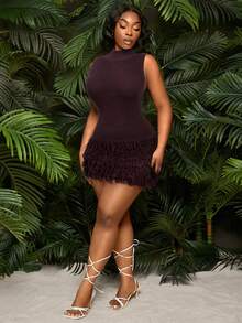 SHEIN SXY Plus Size Women's Dark Purple Autumn Elegant Coffee Brown Stand Collar Sleeveless Hollow Out Fringe Mini Bodycon Knit Crochet Tassel Dress Fall - Coffee Brown - View 7
