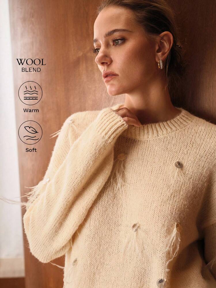 SEQUINS FAUX FUR DETAIL DROP SHOULDER OVERSIZE SWEATER