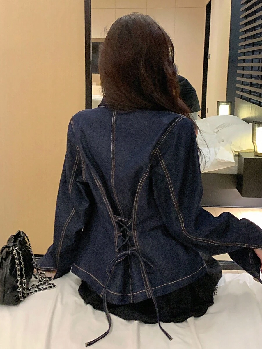 FRIFUL 女士牛仔衬衫，翻领，后背抽绳设计，修身款，百搭长袖 - 藍色 - 查看 1