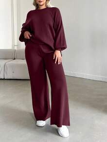 EURMUSE Plus Size Solid Color Long Sleeve Sweatshirt Set With Hoodie & Pants - Burgundy - View 8