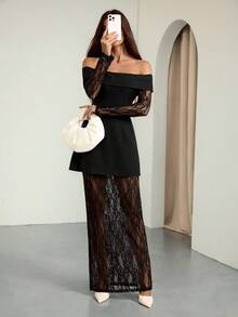 SHEIN Tall 新款优雅黑色蕾丝拼接连衣裙，性感蕾丝透视鸡尾酒会礼服，秋季婚礼宾客礼服 - 黑色 - 查看 5