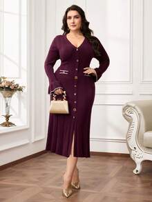 Modelyn Plus Size Elegant Bell Sleeve Knit Dress, Suitable For Commuting In Fall/Winter - Burgundy - View 4