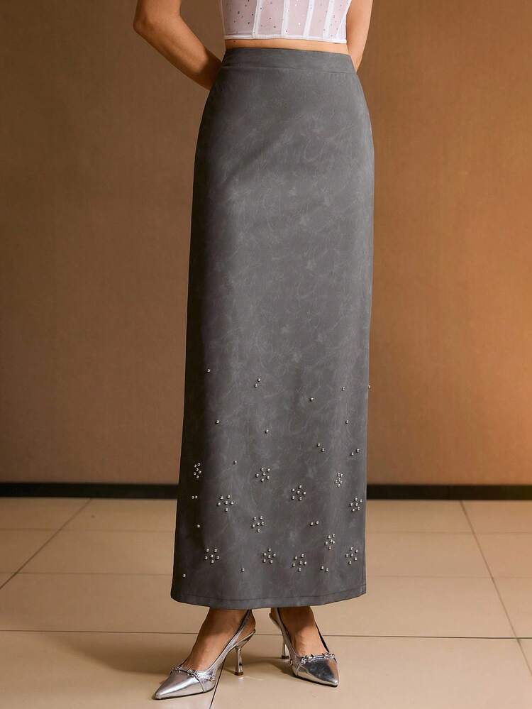 WOMEN LONG STRAIGHT FITTED RIVET DECOR SKIRT