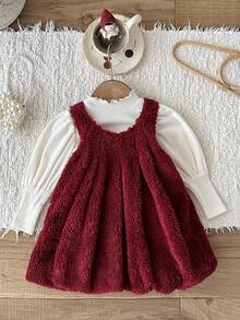 LMoss Kids 2pcs Baby Girl Knitted Solid Color Ruffle Collar T-Shirt And Fluffy Round Neck Sleeveless Dress Set