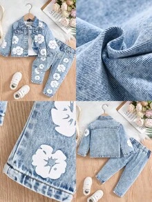 SHEIN 2 piezas Conjunto de niña bebé de mezclilla, chaqueta/abrigo estampado de moda + pantalones de mezclilla estampados casuales, conjunto de mezclilla con estampado floral de estilo callejero para bebé - Azul lavado medio - Ver 8