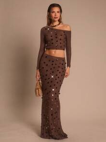 Glamine Áo len nữ cổ xéo tay dài màu trơn thanh lịch, trang trí sequin, phong cách lãng mạn, thời trang thu đông mới - Cà phê nâu - Xem 5