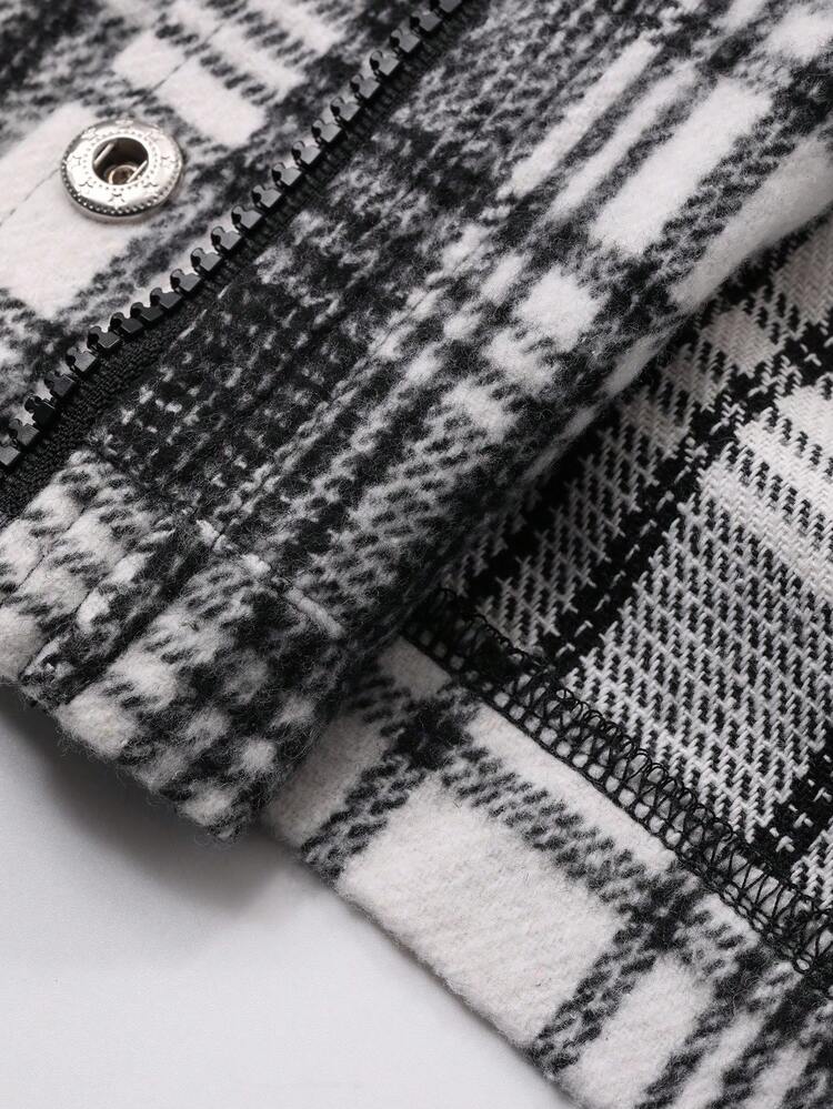Women's Autumn/Winter Small Stand Collar Plaid Jacket With Pockets And Waist Cinching, Casual City Wear Women Coats