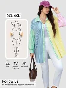 SHEIN LUNE 秋季休闲日常穿搭，大码女式几何印花长袖衬衫，休闲宽松舒适长款，适合居家和度假穿着，秋季，感恩节女式感恩节衬衫，节日长袖上衣，冬季女式秋季女式外出上衣，女士休闲衬衫，商务休闲女式工作服，教师服，社交衬衫 - 彩色 - 查看 3