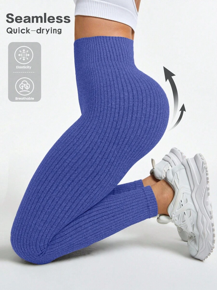 SHEIN Sports 女士无缝收腹提臀运动瑜伽紧身裤健身紧身裤紫色罗纹紧身裤高腰紧身裤罗纹瑜伽裤无缝速干蓝色无缝紧身裤弹力健身紧身裤罗纹运动紧身裤速干瑜伽裤女士健身紧身裤 - 寶藍色 - 查看 1