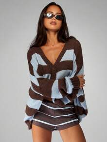 MISSGUIDED Áo len cardigan cài nút cổ chữ V cỡ lớn, kẻ sọc ngang, tay dài, ấm áp, thường ngày cho mùa đông - Nhiều màu - Xem 5