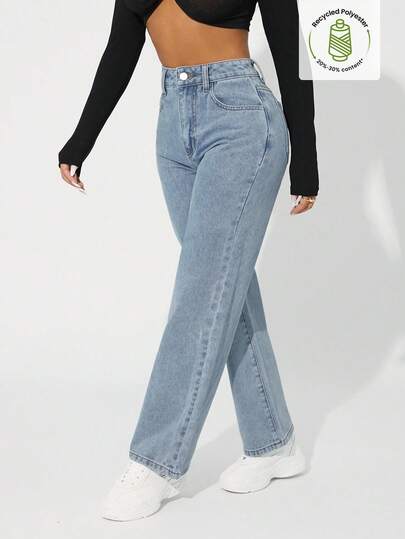 SHEIN PETITE Women's Loose Straight Leg Casual Jeans With Pockets, Versatile