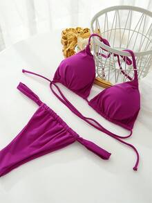 Swim Basics Summer Beach Triangle Cup Halter Solid Color Separated Bikini Set - Red Violet - View 4