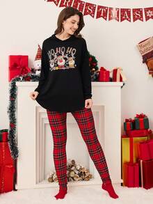 SHEIN Women's Simple Fashion Christmas Pattern Long Sleeve Hoodie And Pants 2 Pieces Set - Black - View 3