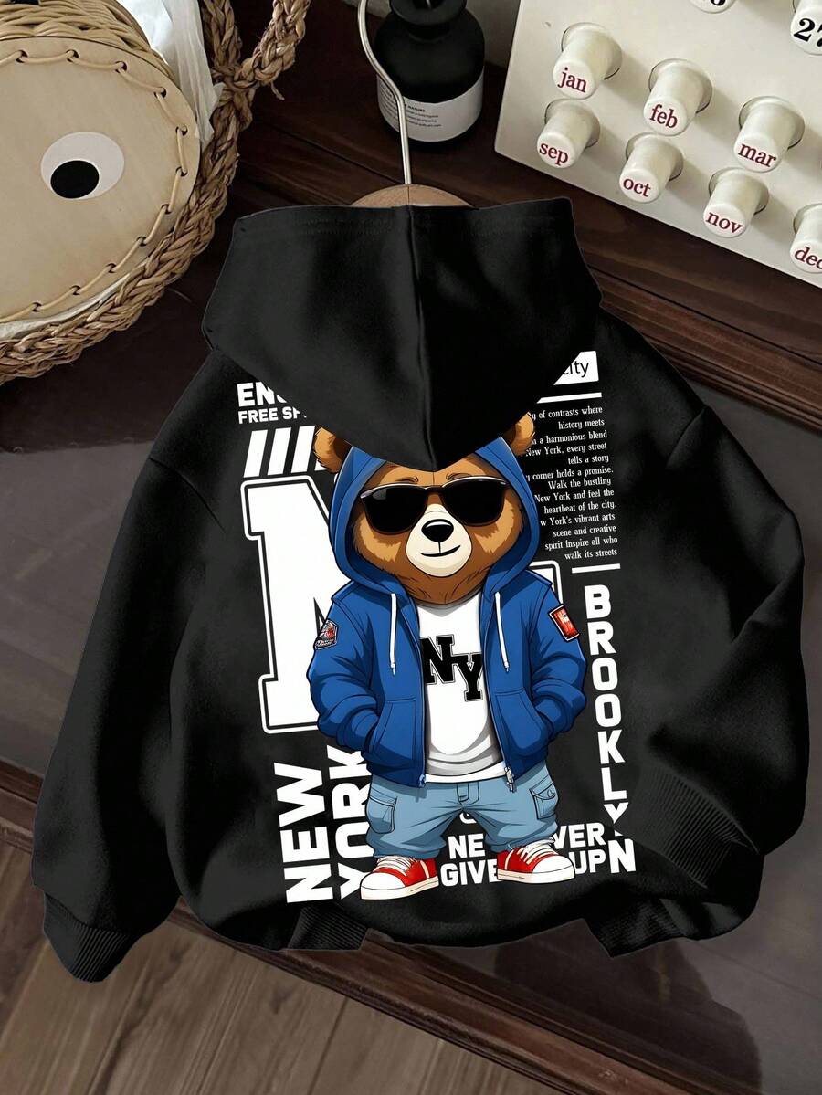 Slaydiva بلوزة سويت شيرت أنثوية بغطاء رأس وسحاب، بتصميم مبسط وطباعة دب، بأكمام طويلة وقصة فضفاضة، مناسبة للخريف والشتاء