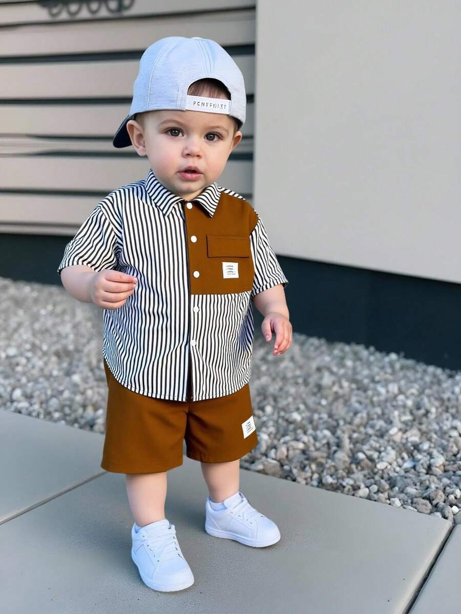 Bubblio 2 件套男婴夏季休闲韩版可爱条纹拼布短袖衬衫和松紧腰短裤套装，适合夏天 - 彩色 - 查看 1