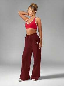 Missguided x Playboy 品牌超大阔腿慢跑裤高腰宽松休闲裤带抽绳休闲舒适秋冬街头服饰 - 酒紅色 - 查看 3