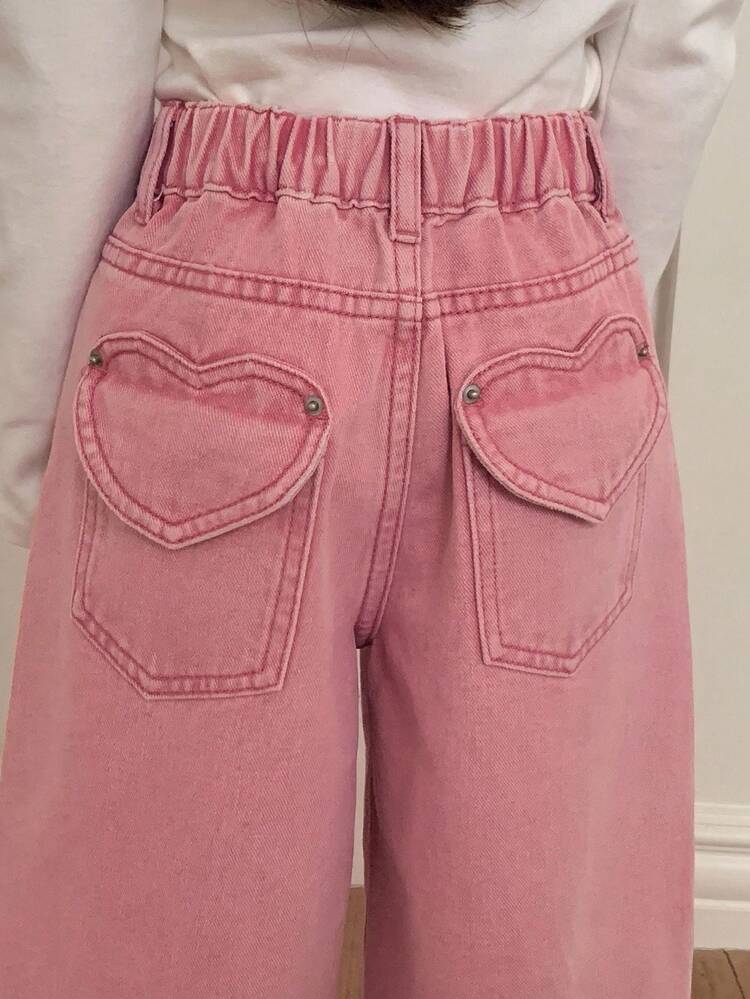 Young Girl Heart Pocket Elastic Waist Pink Casual Jeans Fall,Winter