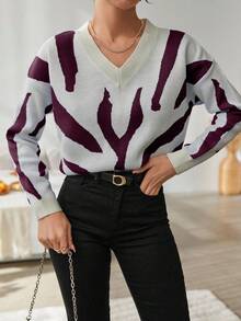 EURMUSE Lässiger Kontrast-Farbmuster Oversized Pullover, Herbst/Winter, Pullover, Creme Pullover, Pullover für Frauen, Pullover, Schwarzer Pullover, Damen Pullover, Weißer Pullover, Damen Pullover, Damen Pullover - Verschiedenfarbig - Übersicht 4