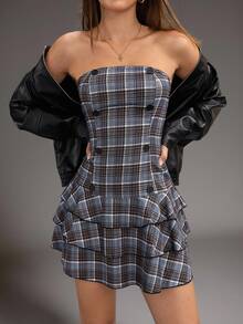 Jeanoix 秋季休闲无袖拉链分层下摆格子束腰连衣裙，性感时尚，适合学校、学生、派对、办公室、街头服饰 - 灰色 - 查看 4